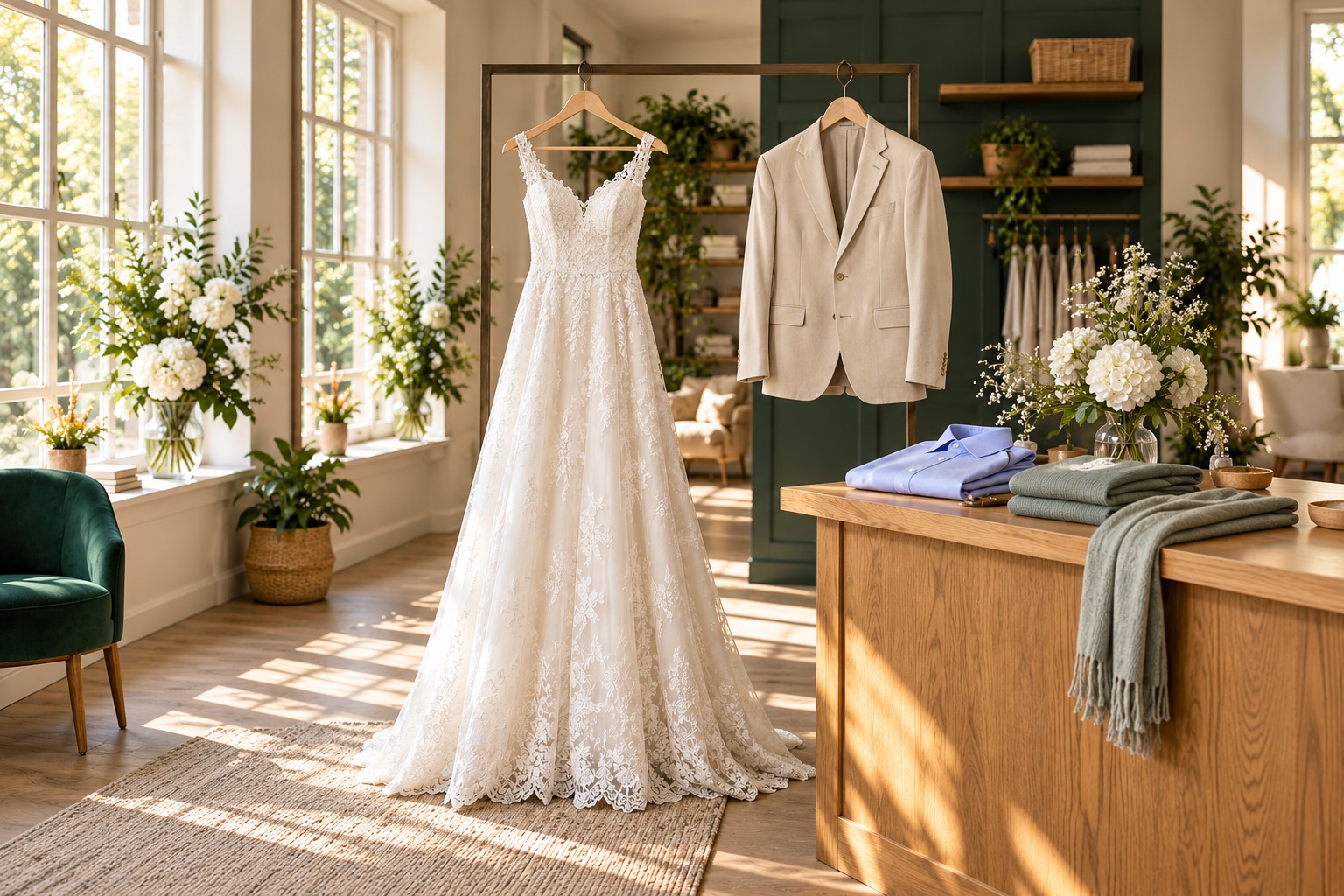 Brautkleid und Anzug im warmen Licht, KI-Symbolmotiv zur Festgarderobe