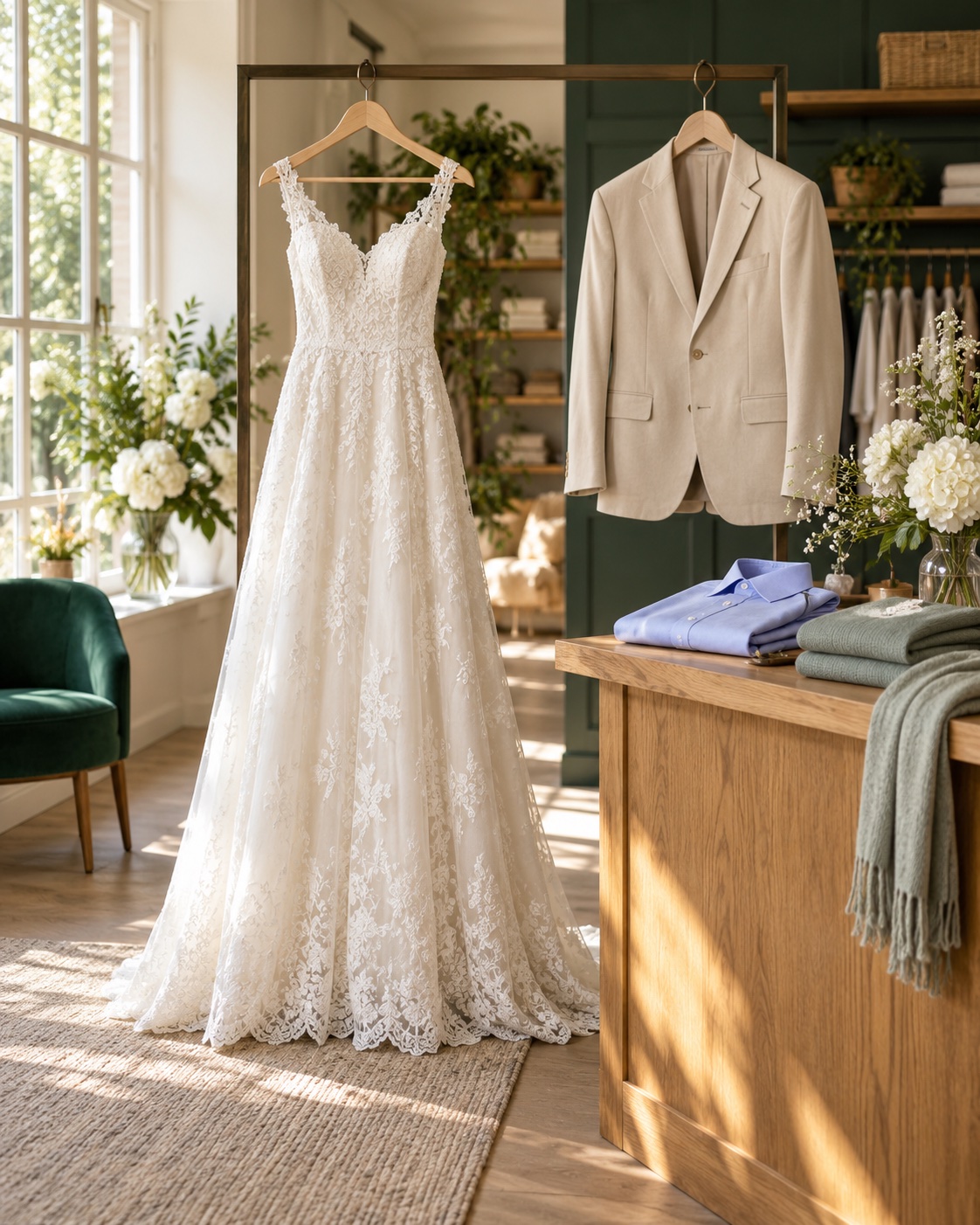 Brautkleid, Anzug und gepflegte Textilien als KI-Symbolmotiv